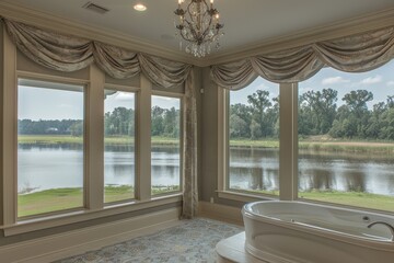Fototapeta premium A luxurious bathroom with large windows overlooking a serene river landscape, featuring elegant decor and a chandelier.