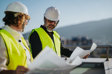 Two architects in hard hats and safety vests examining plans at a construction site, engaged in...