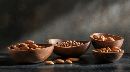 Wooden bowls filled with various nuts create warm, inviting display. rich textures and natural colors highlight beauty of ingredients, perfect for healthy snack