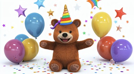Obraz premium Joyful Birthday Bear: Colorful Balloons and Festive Cheer