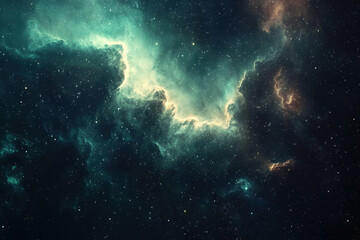 Green cosmic nebula with gaseous tendrils stretching into the deep void of space.