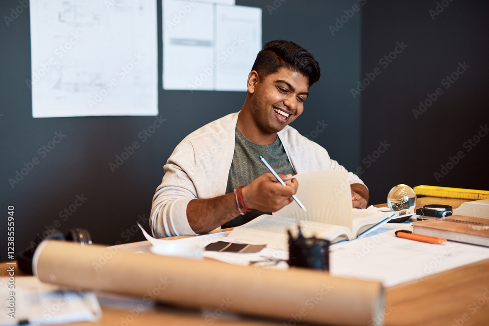 Poster business, man and check notebook in office of architecture, schedule planner and project report. mal