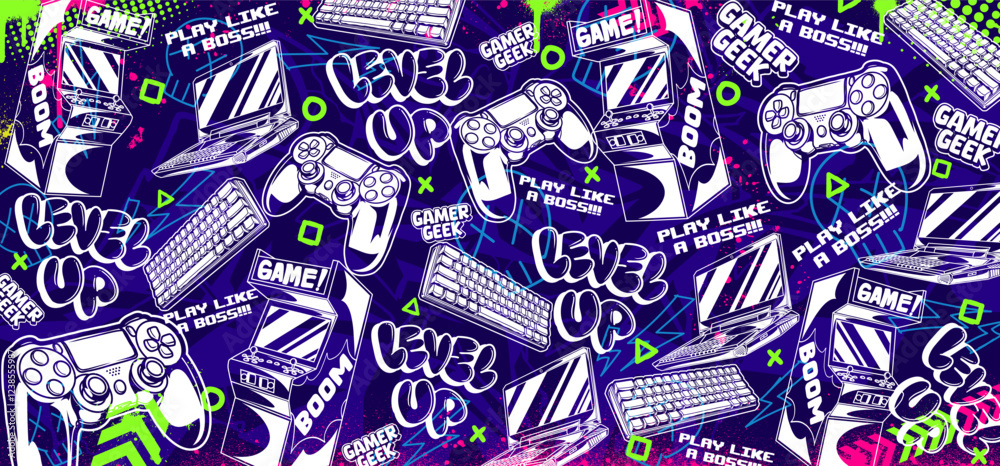 Fototapete gaming vector background illustrations. retro video game graphic icon elements in graffiti style