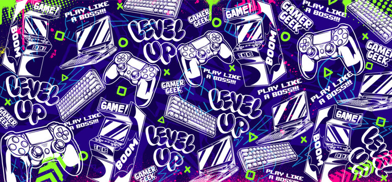 Gaming vector background illustrations. Retro video game graphic icon elements in graffiti style