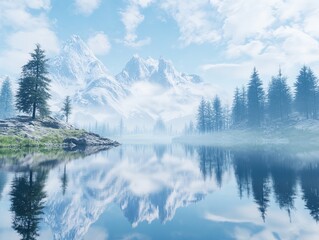 Fototapeta premium Serene Mountain Lake Reflection Landscape with Snow Capped Peaks and Pine Trees
