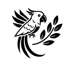 Elegant Black and White Parrot Illustration: A Tropical Bird Design