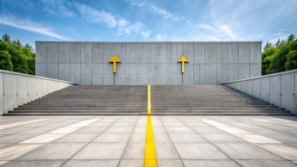 Concrete Staircase Ascending Towards Two Yellow Directional Arrows on a Grey Wall Under a Blue Sky