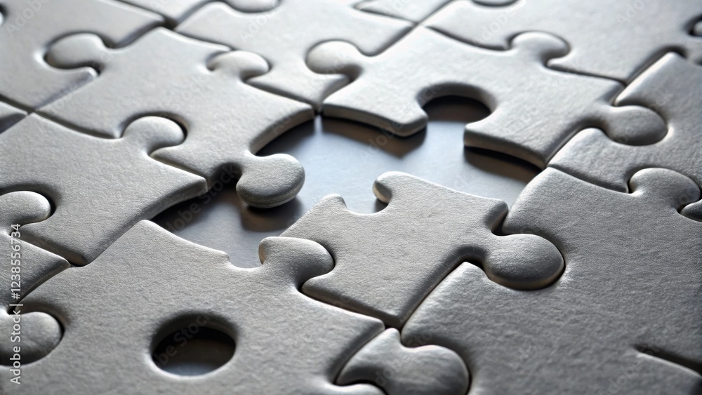 Poster Close-up of a nearly complete jigsaw puzzle with one piece missing, symbolizing teamwork, problem-solving, and the final step to success