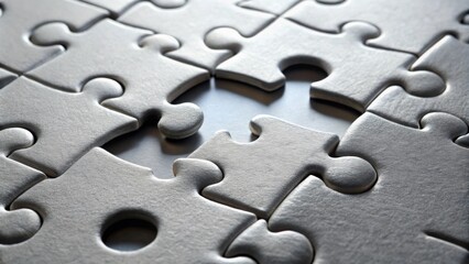 Close-up of a nearly complete jigsaw puzzle with one piece missing, symbolizing teamwork, problem-solving, and the final step to success