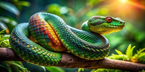 Fototapeta premium Coiled Snake Amidst Lush Greenery: A Macro Photography Masterpiece