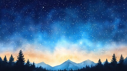 Fototapeta premium Dreamy Watercolor Painting of a Starry Night Sky Over Mountains and Forest Landscape