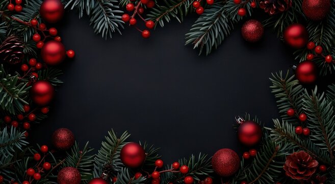 black dark Christmas background with a border of fir branches and red decorations. Black background for congratulations on the New Year. copy space mockup for text - Powered by Adobe