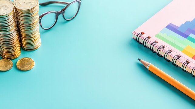 Wealth accumulation and investment funds - A pile of stacked coins, a bar chart showing wealth growth, and a financial strategy notebook, isolated on a royal blue background with c