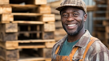 African American warehouse worker with cheerful expression. Perfect for industrial workforce, job satisfaction, and workplace diversity.