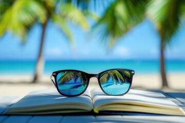 Indulging in the perfect relaxing summer vibes while wearing stylish sunglasses and enjoying an open book by the beautiful beach, surrounded by the gentle sounds of nature and sunlight