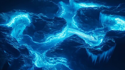 Abstract glowing ice formations in vibrant blue shades, creating a mesmerizing visual spectacle.