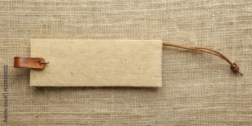 Aufkleber Rustic Beige Linen Tag with Wooden Button and Twine on Textured Fabric