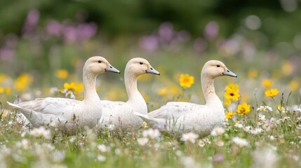 Obraz premium Three pale geese stroll through wildflowers