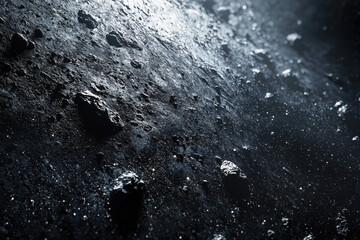 Close-up of cratered lunar-like terrain with a dramatic cosmic backdrop.
