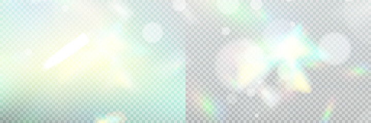 Colourful vector lens, crystal rainbow light and flare transparent effects.Overlay for backgrounds.Triangular prism concept.