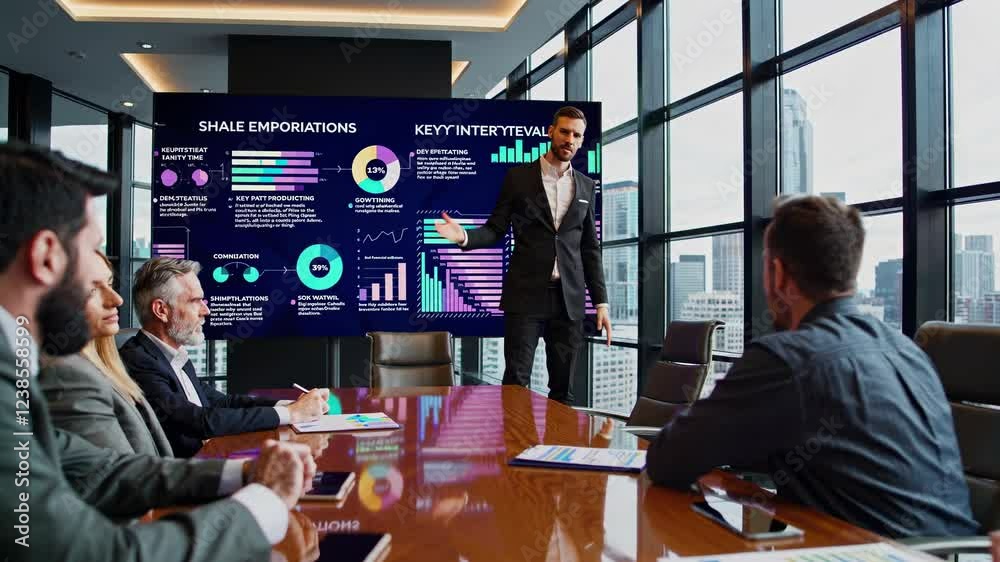 Aufkleber business presentation in modern conference room with data visualization and city skyline view