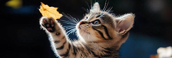 Naklejka premium Tabby Kitten Interacting with Autumn Leaf