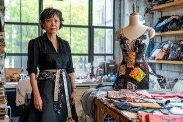 Fashion designer in a creative studio showcasing a handmade dress with colorful patchwork for modern and sustainable fashion