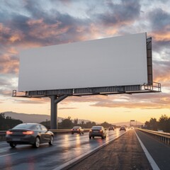 Billboard announcement Mockup, a Highway with a Large Blank White Billboard template Under a Sunset Sky, Representing Advertising Space, Outdoor Media.
