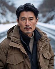 Winter portrait mature Asian man neutral short black hair thick jacket frosty road background