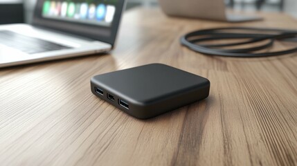 Compact USB charger in matte black, lying flat on a polished wooden desk with blurred laptops and cables nearby.