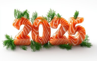 2025 Formed with Slices of Smoked Salmon and Fresh Dill Isolated on a White Background