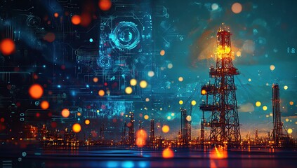 Fototapeta premium A miniature oil painting depicting a digital technology background with glowing data streams