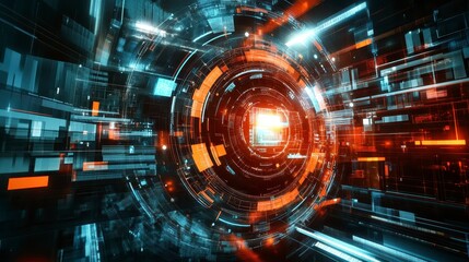 Obraz premium Abstract digital art featuring a swirling vortex of orange, blue, and black geometric shapes and glowing light streaks. The composition is dynamic