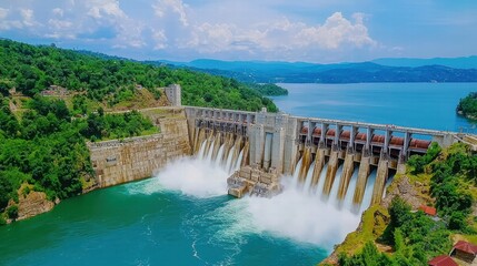 Aerial View of a Majestic Dam in a Lush Green Landscape