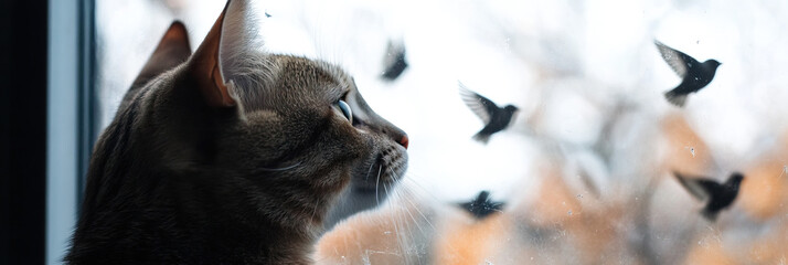 Tabby Cat Observing Birds Through Window
