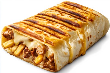 A delicious french taco with melted cheddar cheese, beef and french fries isolated on a white background
