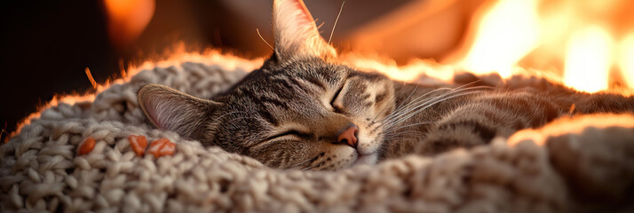 Obraz premium Tabby Cat Sleeping in Knitted Blanket near Fire
