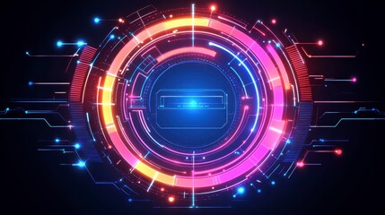 Abstract glowing circular design with vibrant pink, orange, and blue neon lights, dynamic lines and particles on dark background. Futuristic