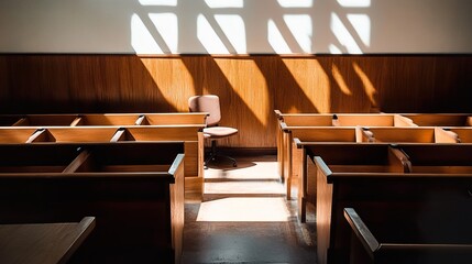 Empty courtroom with dramatic lighting, symbolizing justice, authority, and the solemn atmosphere of legal proceedings in a modern judicial system.