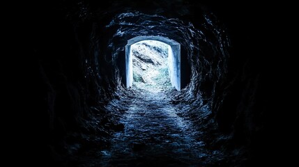 Dark mine shaft with a single beam of light cutting through the shadows, symbolizing hope and discovery in the depths of exploration and perseverance.