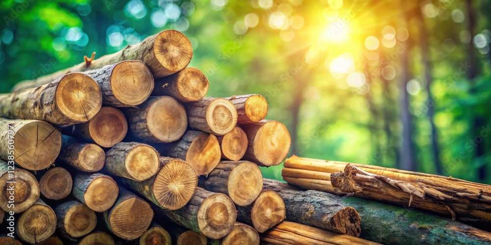 Poster Sunlit Stack of Timber Logs in a Lush Forest Setting