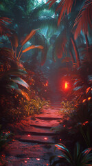 Fototapeta premium vibrant jungle path illuminated by red lights, surrounded by lush greenery and tropical plants, creates mystical atmosphere. scene evokes sense of adventure and wonder