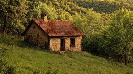 Obraz premium Secluded Stone Cottage in Lush Forest a Serene Escape into Nature's Embrace