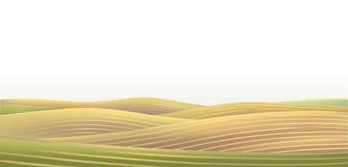 Rural hilly agricultural landscape, with cultivated by agriculture fields and hills, with a clear evening sky. Vector illustration.