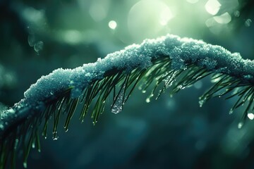 Snow-covered pine needles glisten in the soft winter light, creating a serene, icy scene.