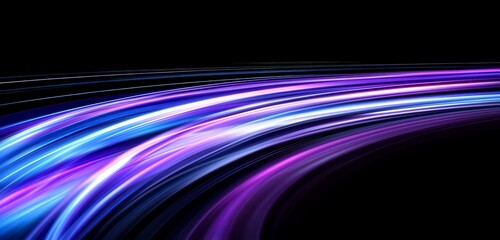 Abstract image featuring dynamic curves of blue, purple, and white light streaks on a black background. The light trails create a sense of motion and