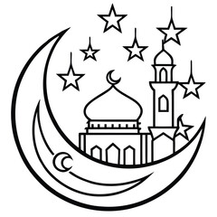 A modern and stylish Ramadan logo featuring a silhouette of a mosque with a glowing crescent, representing faith, devotion, and celebration.
