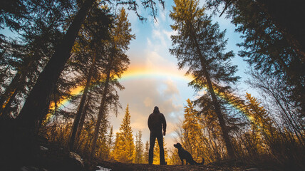Fototapeta premium person and dog standing under rainbow in forest setting