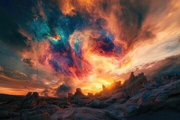 Fiery nebula swirls above a rocky landscape at sunset, creating a dramatic and surreal scene.