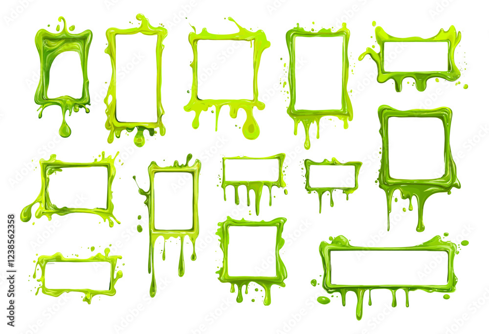 Poster acid green melting frames cartoon vector set. molting blobs smudges splashes fusing dripping empty b